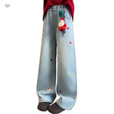 女童牛仔裤加绒2025年秋冬新款卡通圣诞刺绣阔腿裤中大童直筒长裤，童装裤子，祺儿童装