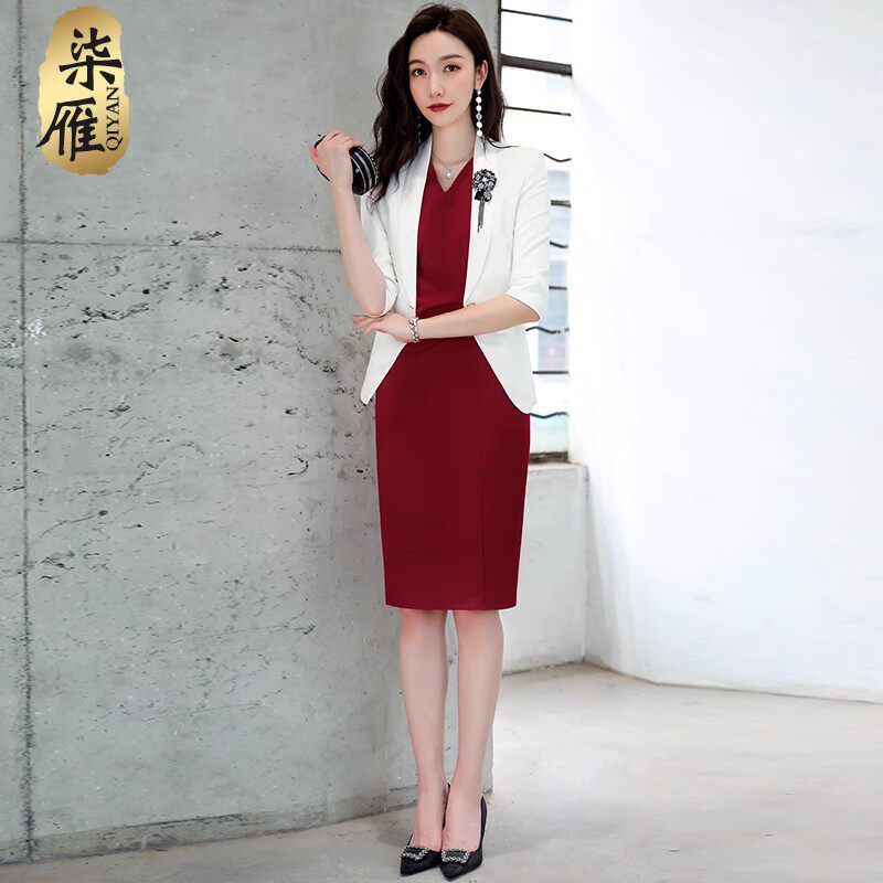 主持人正装深红色职业装套裙气质时尚西装连衣裙美容师工作服礼服