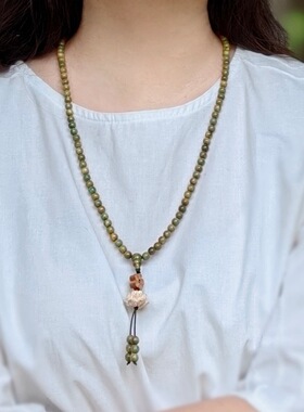 古风项链绿檀木圆珠链男女黄杨木