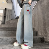 女童2025年冬季新款戴红帽小猫刺绣牛仔裤女大童小俏皮卡通阔腿裤，童装裤子，祺儿童装