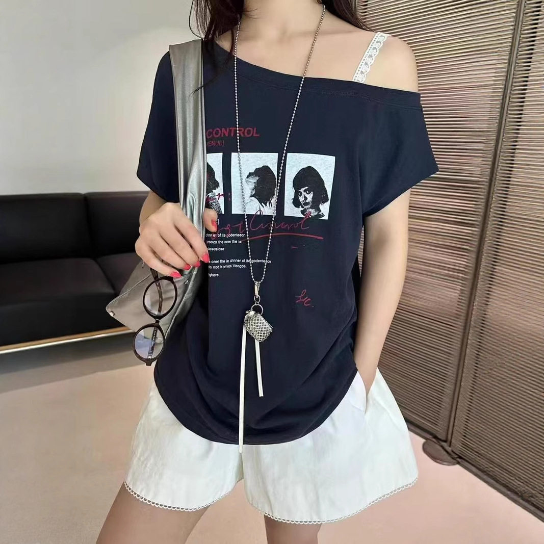 杭州漂依品质女装一字领吊带雷丝头像短袖全棉t恤女显瘦百搭上衣
