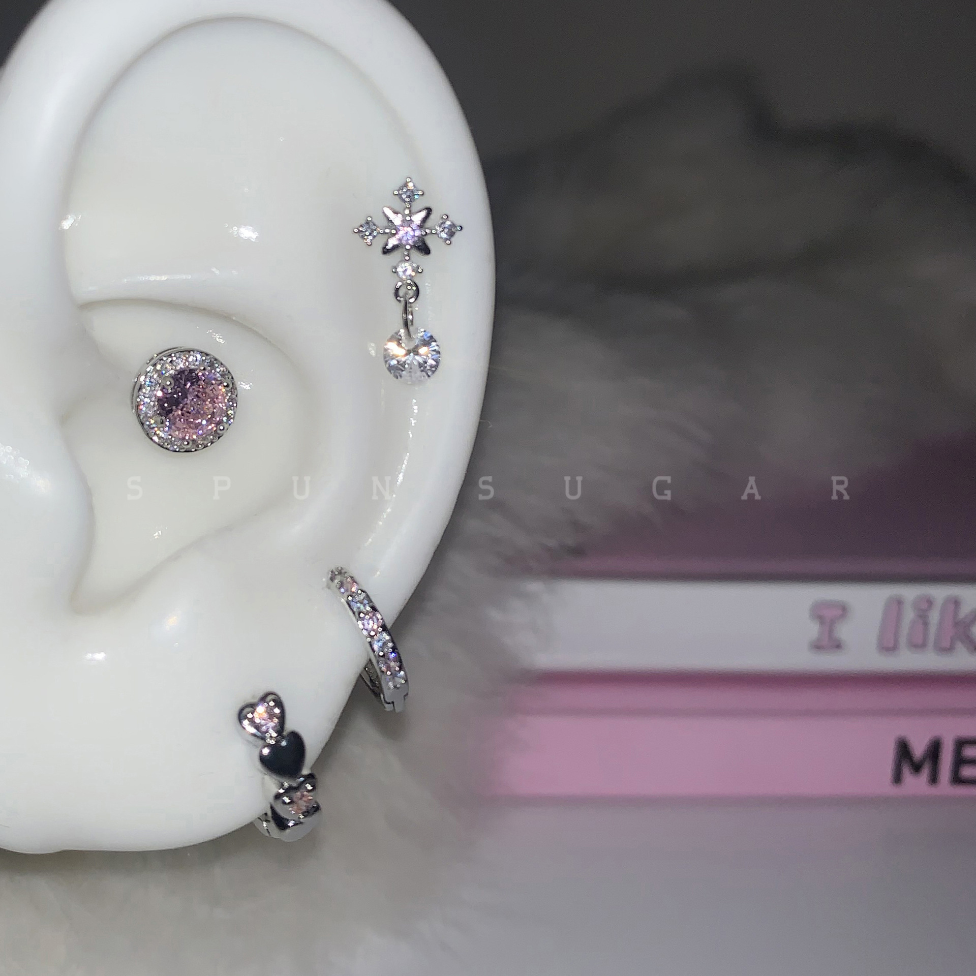 粉色十字雪花坠耳骨钉钛钢甜美闪钻爱心耳圈叠带小众耳钉耳环女