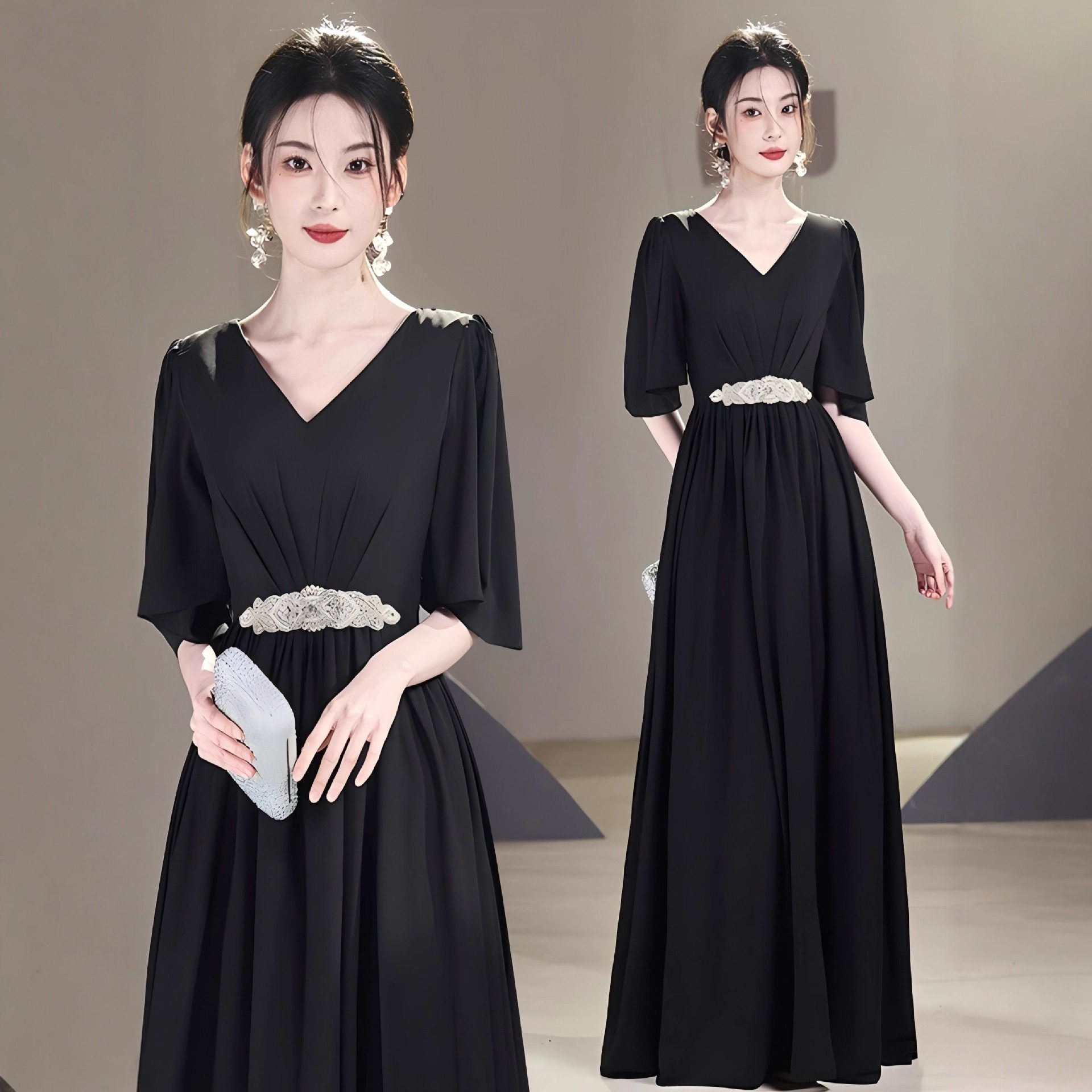 黑色指挥服大合唱团演出女长裙主持舞台比赛宴会表演成人晚礼服装