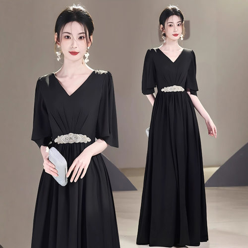 黑色指挥服大合唱团演出女长裙主持舞台比赛宴会表演成人晚礼服装