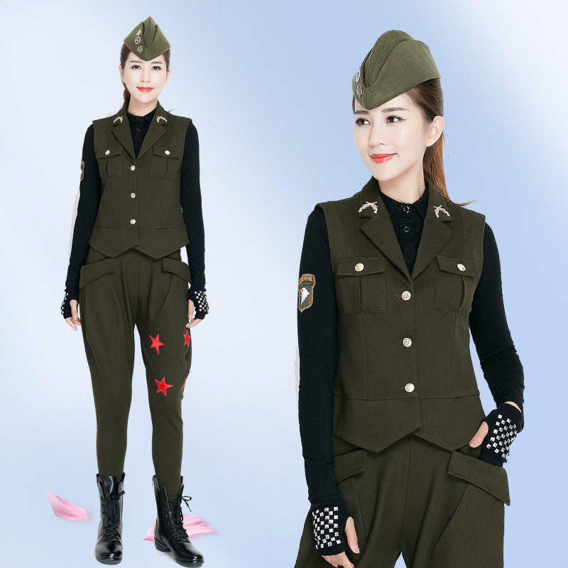 秋冬季新款广场舞军绿马甲演出服装水兵舞马夹女外套上衣