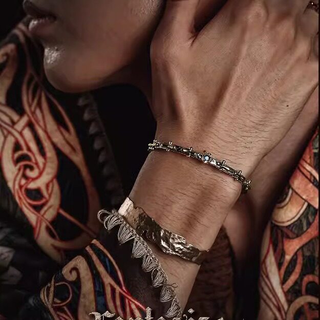 【幻想】复古十字架S925银手镯男高级感小众个性手环开口可调节