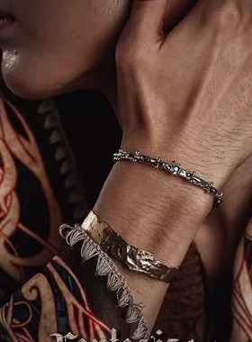 【幻想】复古十字架S925银手镯男高级感小众个性手环开口可调节