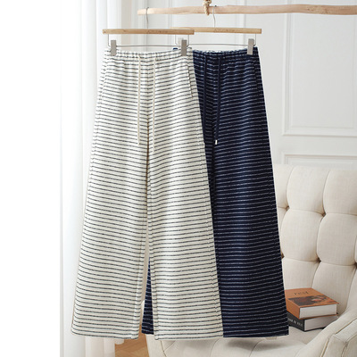 女条纹直筒裤女秋冬新款端羊毛保暖加厚松紧腰大码毛呢阔腿裤正品