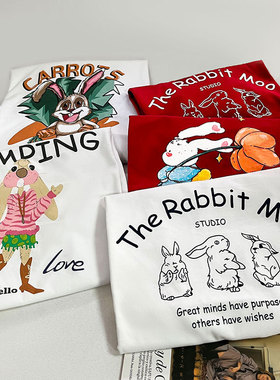 2025新款本命年纯棉T恤宽松白色短袖女夏兔子印花休闲圆领上衣潮