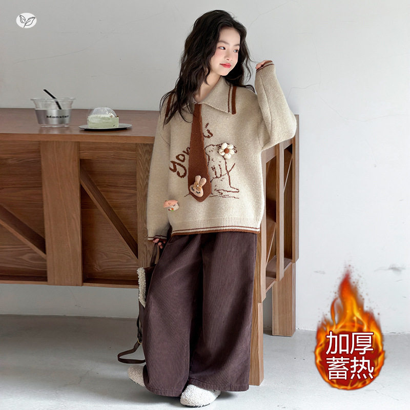 女童2025年冬新款立体玩偶兔子毛衣套装女大童可爱软糯针织衫毛衣，童装毛衣，祺儿童装