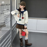 女童2025年春秋新款温柔学院风毛衣女大童袖口条纹甜美针织衫上衣，童装毛衣，祺儿童装