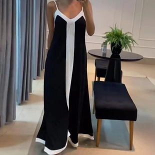 long Contrast neck 吊带连衣裙 camisole dress女士撞色V领长款