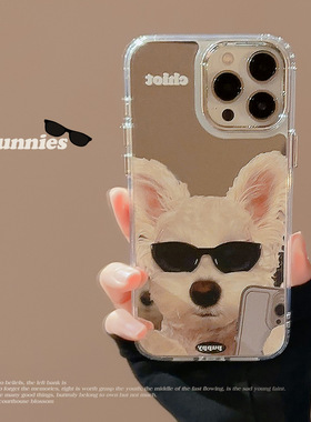 Cartoon mirror sunglasses dog case适用iphone 11 12 13 14 15 16 plus 17 pro max