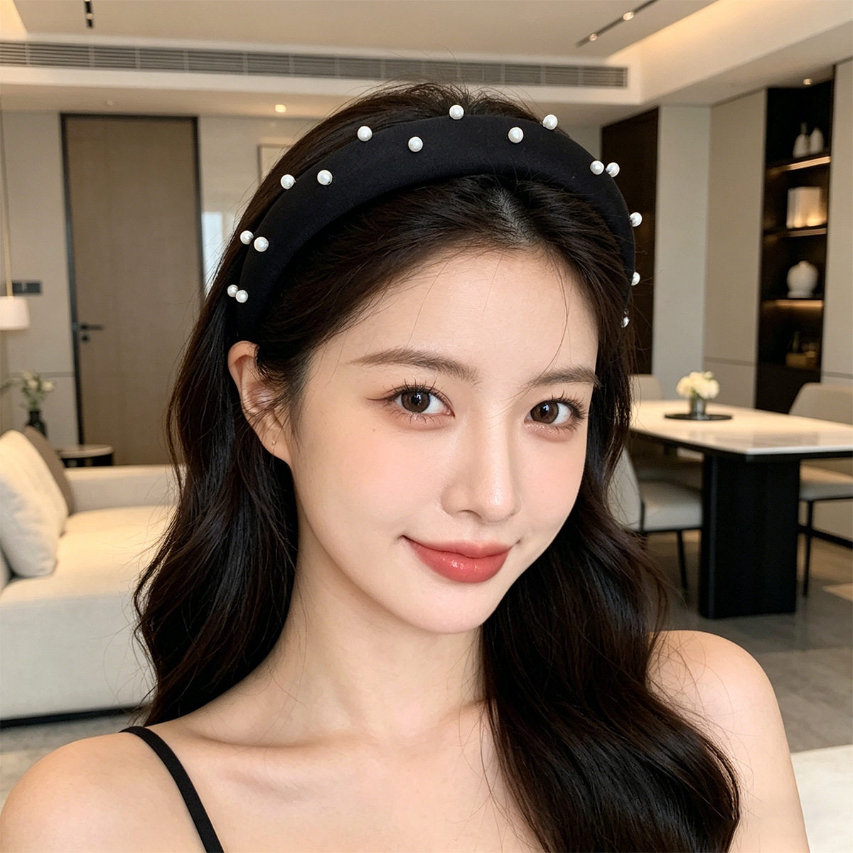 韩版丝光面料缝珠细窄发箍发饰仙气少女珍珠头箍百搭精致压发发卡