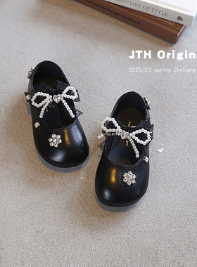 2025秋新款女童蝴蝶结水钻公主鞋小女孩玛丽珍气质甜美鞋黑色皮鞋