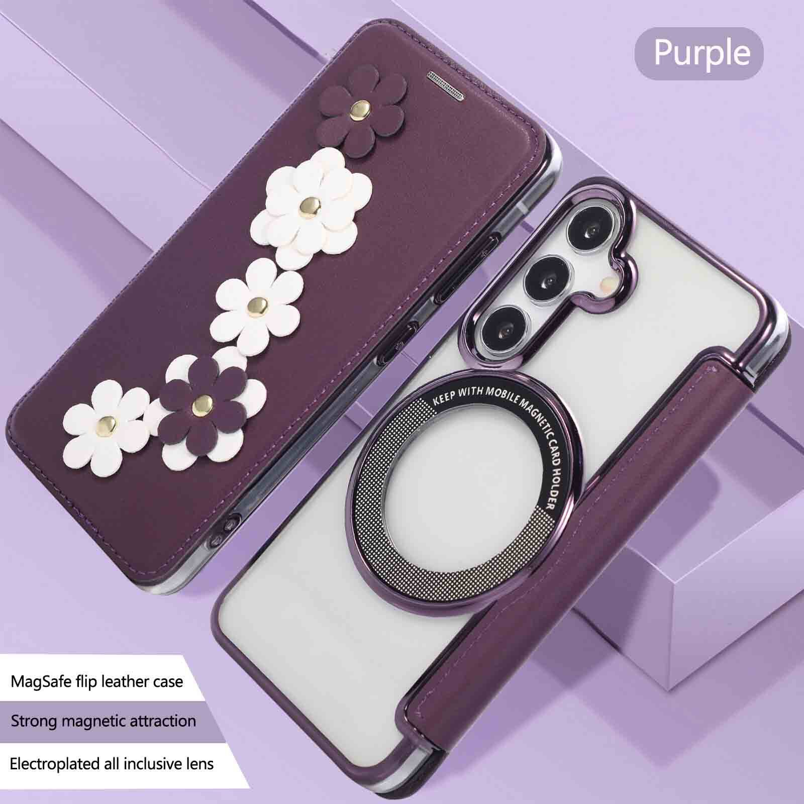 适用三星S25 Ultra潮女立体花朵手机壳S24磁吸magsafe皮壳S23+电镀透明翻盖皮套S22Plus插卡保护套