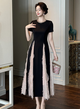 法式网纱拼接别致连衣裙女夏季2025新款胖收腰气质小黑裙子 21429