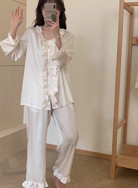 2024春夏新款CACA月光缎甜心木耳边家居服冰丝睡衣女薄款长袖套装