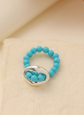 欧美新款简约时尚蓝色天然石串珠戒指小众气质百搭戒子食指环