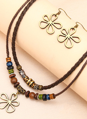 欧美跨境热销潮流个性五叶草串珠蜡绳项链毛衣链时尚耳环项链套装