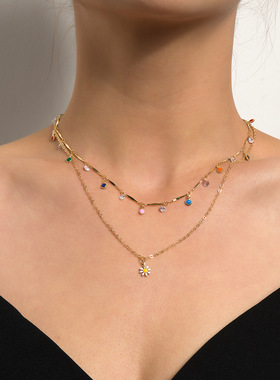 欧美跨境饰品 时尚复古小雏菊吊坠 简约个性女款镶钻项链锁骨链