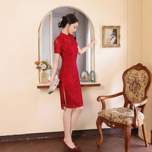 2023年夏新款改良旗袍中长款蕾丝红装订婚日常迎宾新中式旗袍礼服