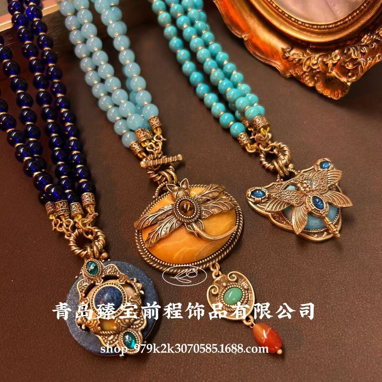 玛瑙石头项链蜻蜓蜜蜂级感华丽古典中古vintag复古做旧雕刻吊坠
