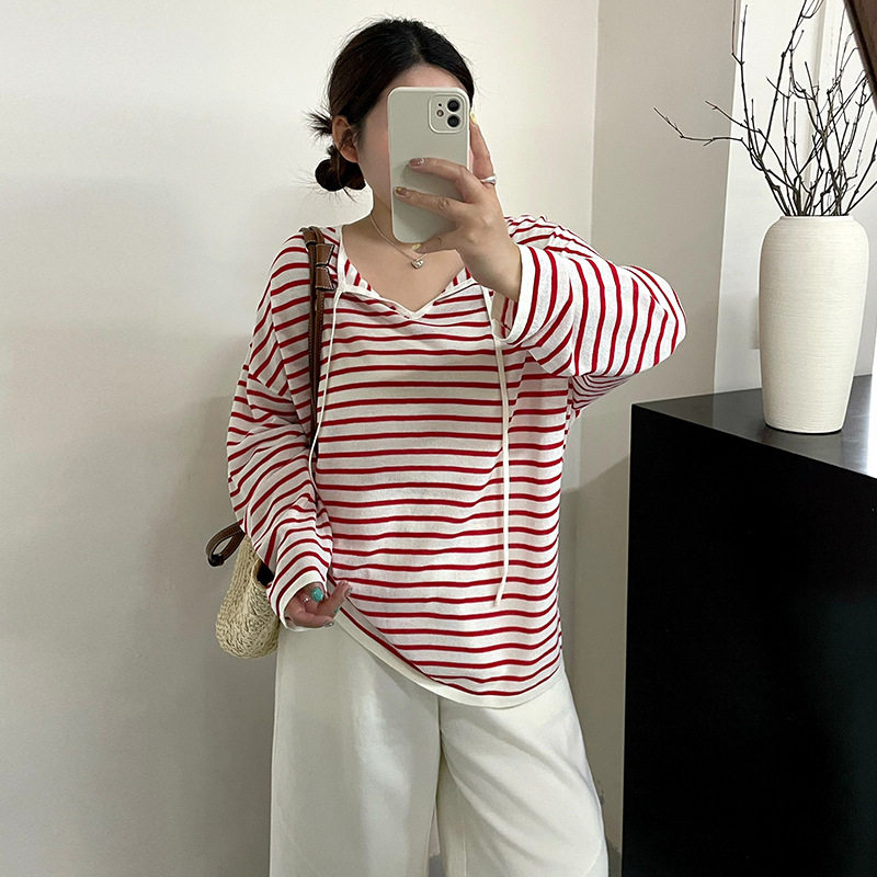 大码女装23810圆领上衣女条纹衫2026夏款胖mm宽松显瘦针织长袖t恤
