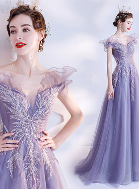 浪漫璀璨紫色2026新款冬季新娘结婚敬酒服宴会主持婚纱晚礼服