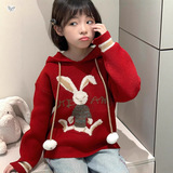 女童卡通连帽毛衣秋冬新款洋气中大童套头针织衫新年货洋气毛线衣，童装毛衣，祺儿童装