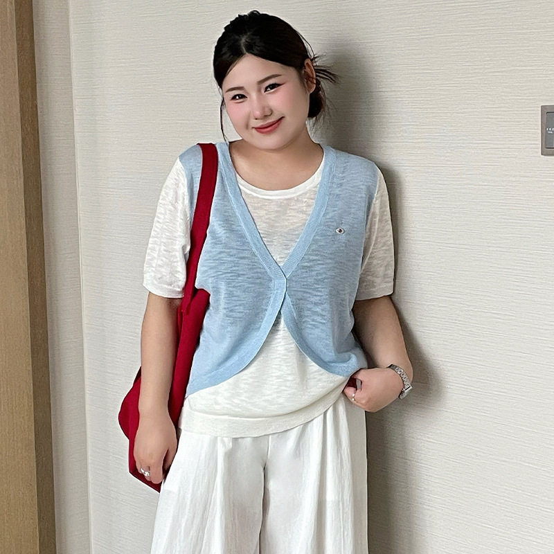新款大码女装撞色假两件上衣女2026夏款胖mm休闲针织短袖t恤23906