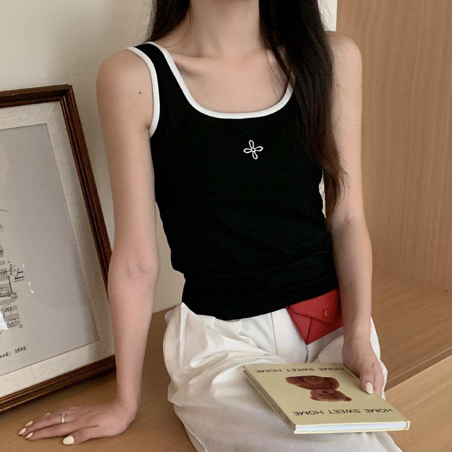长版盖肚脐宽肩带背心韩系外穿上衣夏螺纹刺绣内搭宽松遮肉版