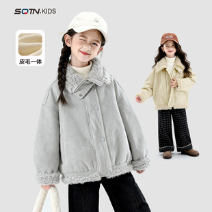 女童加绒外套冬季2025新款洋气童装女孩加厚皮衣冬款儿童衣服冬装