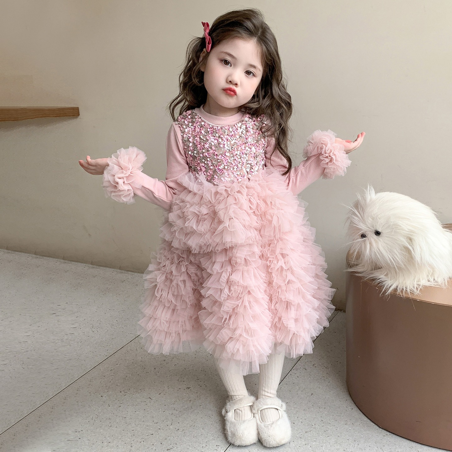 女童加绒连衣裙秋冬款小女孩礼服粉色背心裙儿童蓬蓬裙生日蛋糕裙，童装休闲套装，祺妙童装