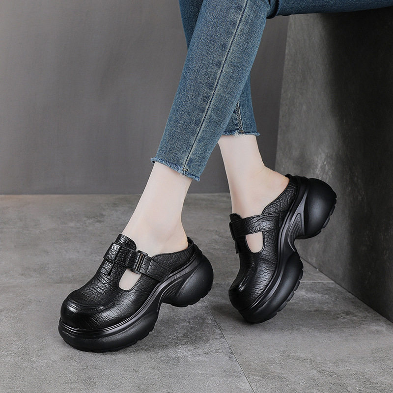 小个子厚底增高跟休闲复古一字拖夏季真皮外穿包头凉鞋女新款半拖