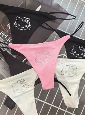 闪钻辣妹双层细带性感丁字裤低腰Tback可爱猫烫钻牛奶丝女三角裤