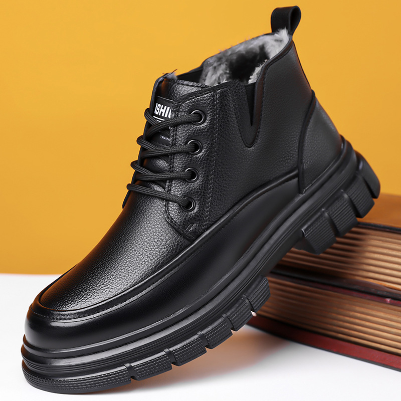 冬季奥伦新款棉鞋软皮加绒保暖休闲皮鞋厚底加厚帮休闲鞋男鞋