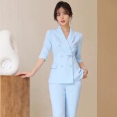 五分袖 新款 西装 套裤 蓝色职业套装 美容院工作服经理商务正装 女夏季