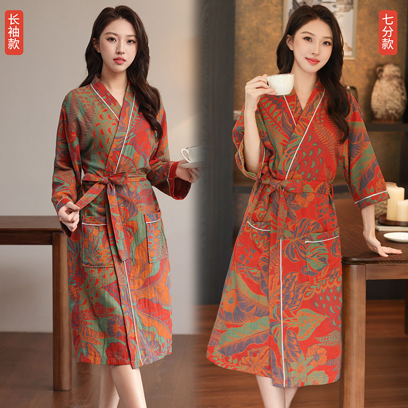 纯棉双层纱布吸水浴袍国风印花男女汉服春夏季长袖睡袍情侣镶嵌边