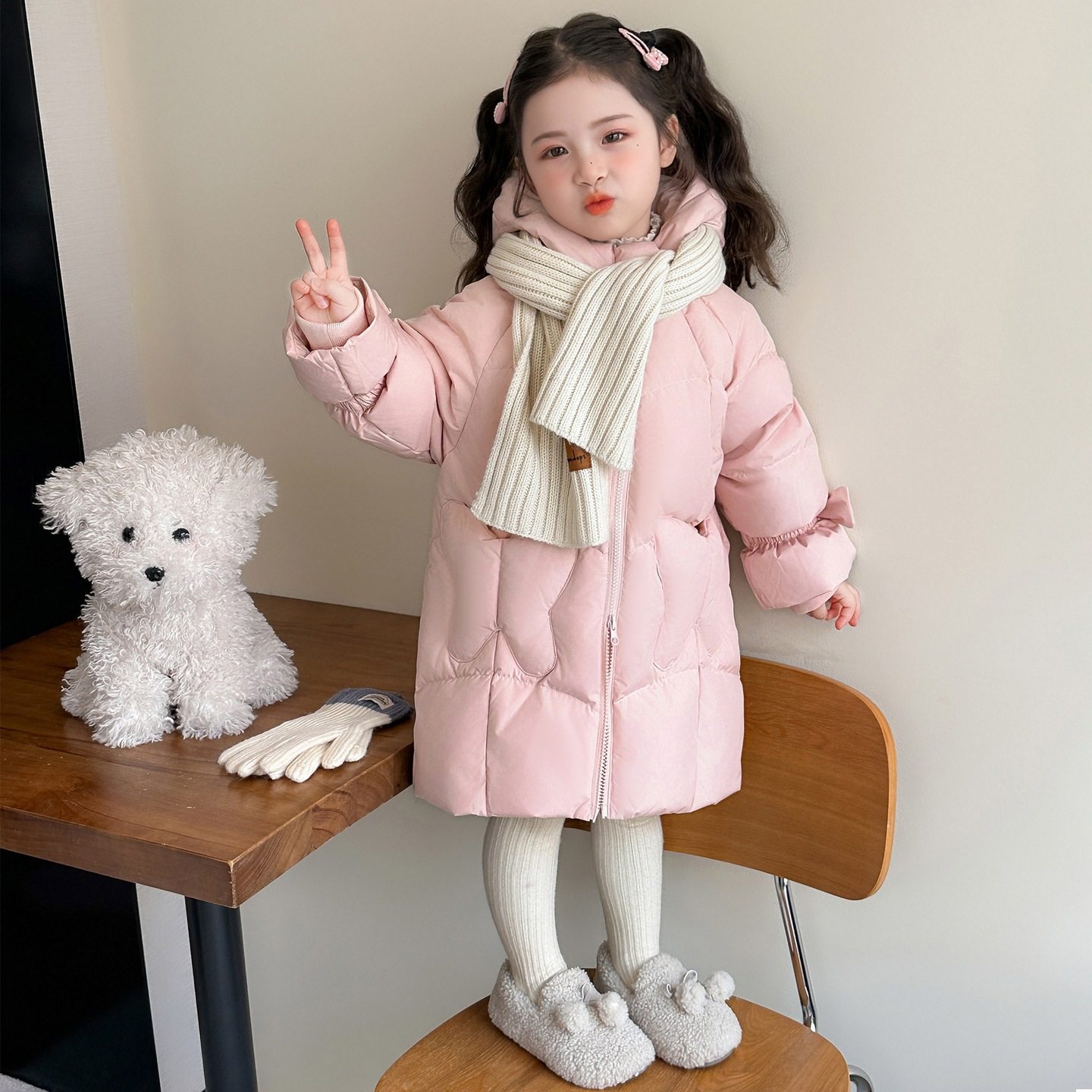 女童中长款羽绒服冬季2025新款洋气时尚儿童女白鸭绒轻薄外套P180，童装羽绒服，祺妙童装