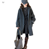 女童连帽贴标呢子大衣秋冬装2025新款中大童纯色长款盘扣毛呢外套，童装外套，祺儿童装