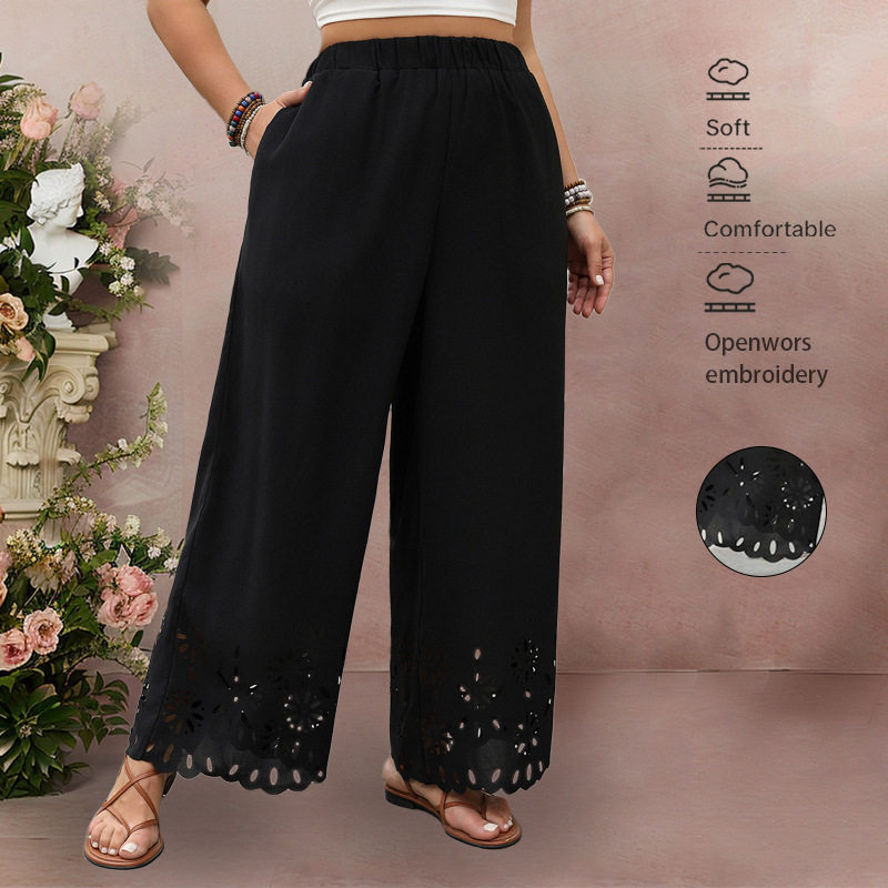 女加大码下摆镂空黑色阔腿裤子 Hollow Wide-Leg Women's Pants