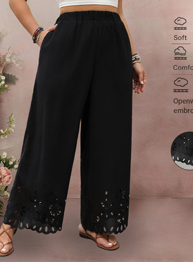 Hollow Hem Black Wide-Leg Women's trousers女镂空黑色阔腿裤子
