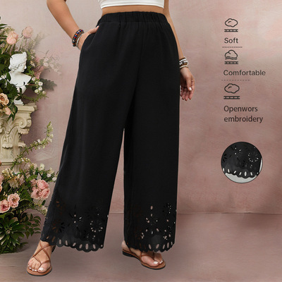 Hollow Hem Black Wide-Leg Women's trousers女镂空黑色阔腿裤子
