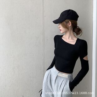 春秋季内搭黑色打底衫女洋气长袖修身短款t恤锁骨小心机女小众款