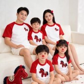 220克纯棉T恤婴幼儿爬服拜年服 红白插肩短袖 2026马年亲子装 全家款