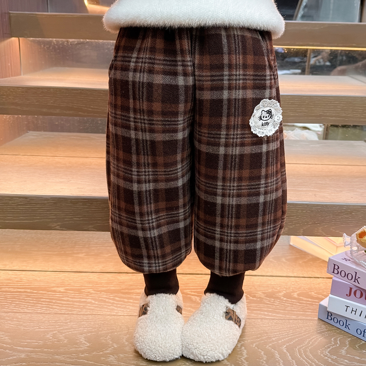 女童休闲加绒裤冬季新款女洋气加厚格子裤冬款儿童保暖束脚裤P66，童装裤子，祺妙童装