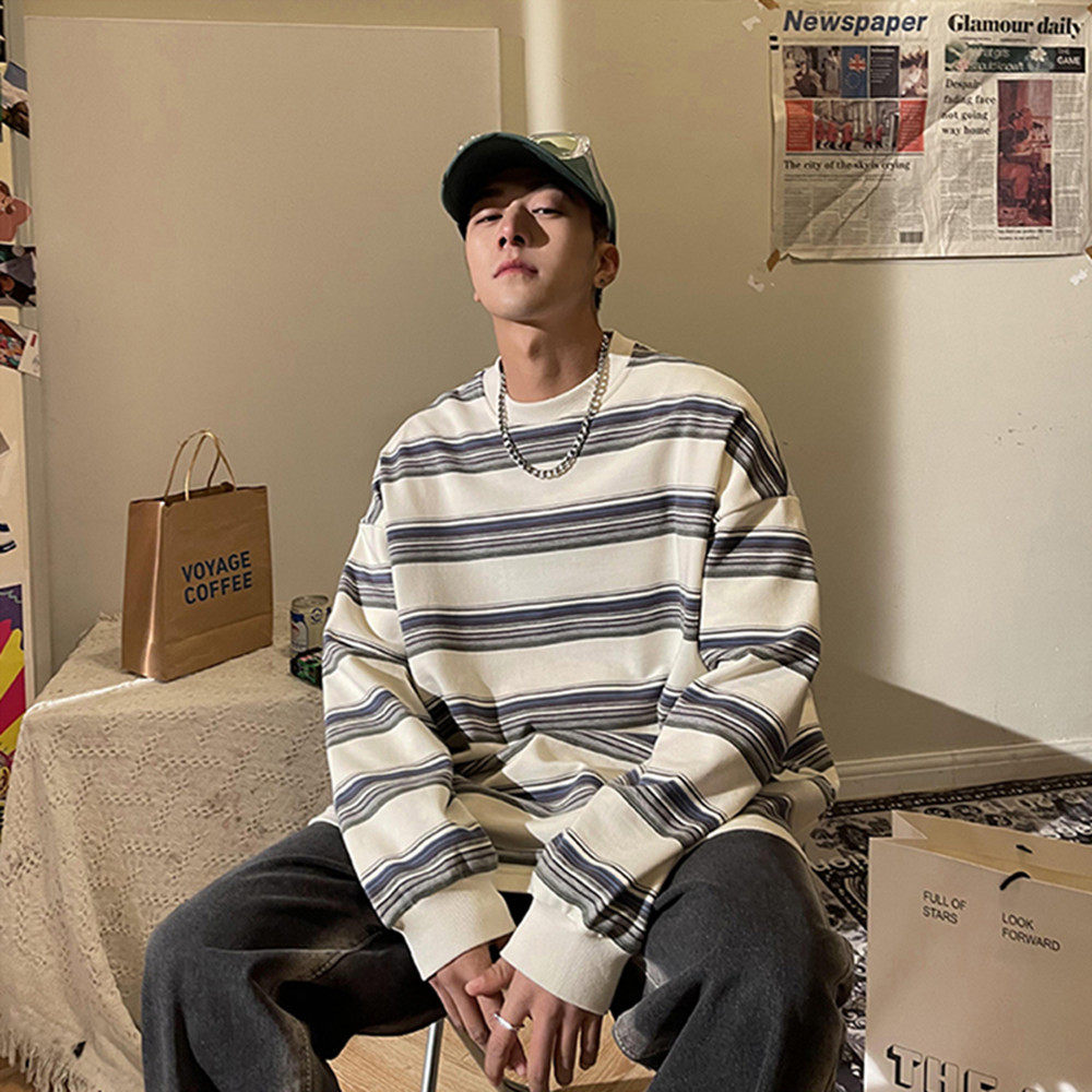 日系港风ins条纹T恤卫衣宽松圆领春秋季设计感小众慵懒上衣新款