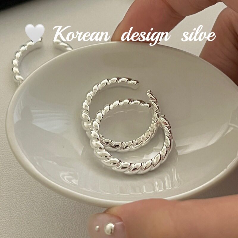 韩国ins个性冷淡风食指环 S925纯银麻花素圈戒指时髦级感百搭款
