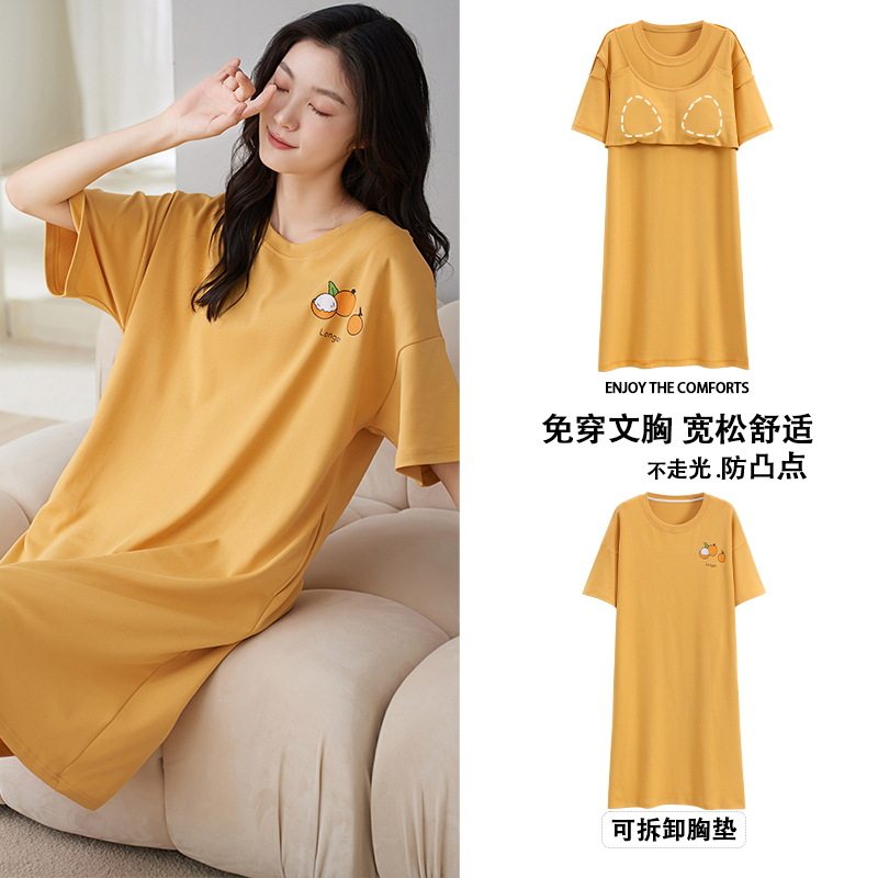 带胸垫睡裙女夏季纯棉短袖睡衣甜美小清新圆领家居服夏天连衣裙